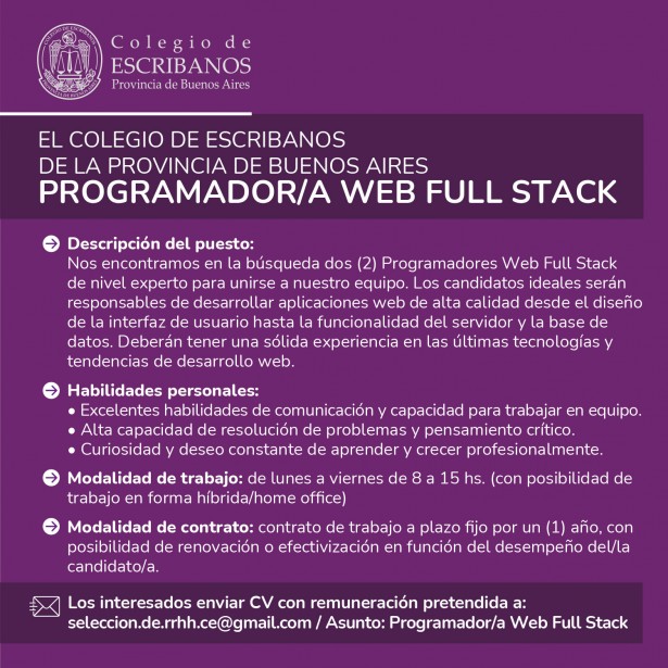 BÚSQUEDA LABORAL: Dos (2) Programadores Web Full Stack 
