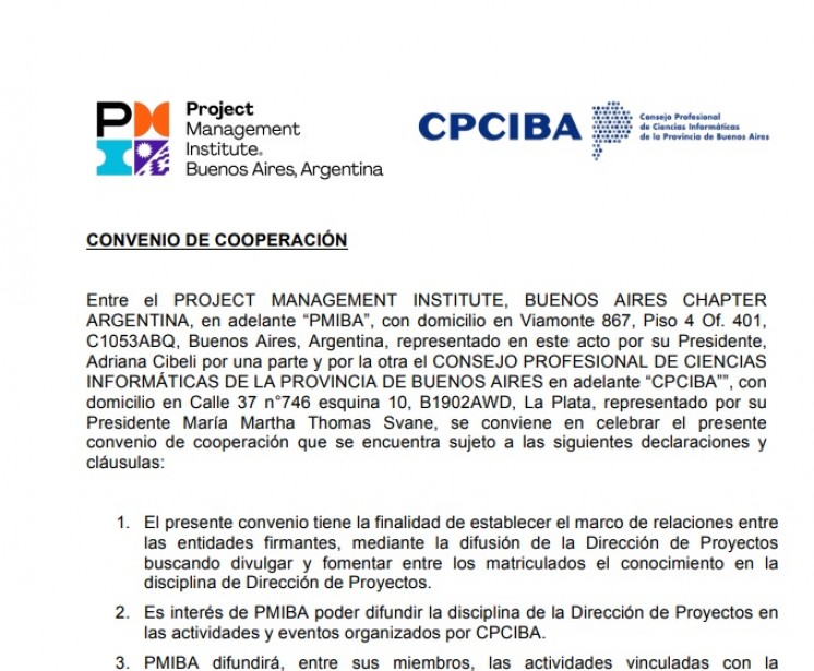 Dirección de Proyectos: Importante convenio entre CPCIBA y Project Management Institute, Buenos Aires Chapter
